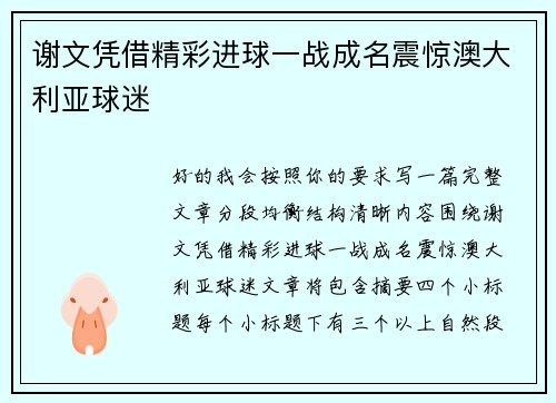 谢文凭借精彩进球一战成名震惊澳大利亚球迷